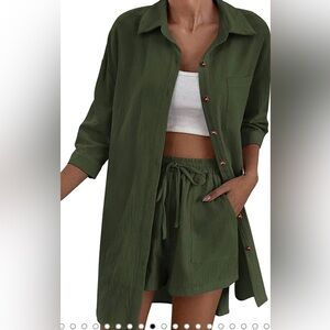 Olive Green Button-Up Shirt and Shorts Set
